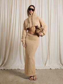AiiRZ Fluffy Oversized Hoodie And Maxi Skirt Co Ord - Khaki - View 6