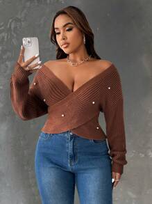 SHEIN Unity Plus Size Casual Minimalist Solid Color Off Shoulder Faux Pearl Decor Cross Wrap Sweater, Autumn & Winter Knit Pullover Fall - Khaki - View 3