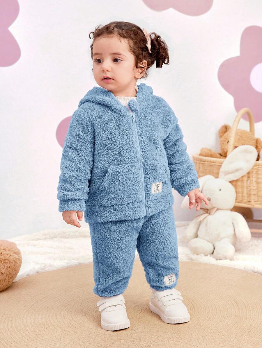 SHEIN 2pcs Baby Girl Cute Solid Color Fluffy Hooded Jacket And Pants Set, Autumn/Winter - Blue - View 1
