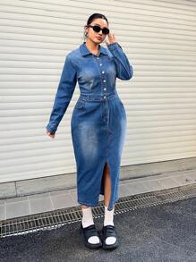 SHEIN ICON Casual Elastic Fitted Split Mini Dress - Medium Wash - View 3