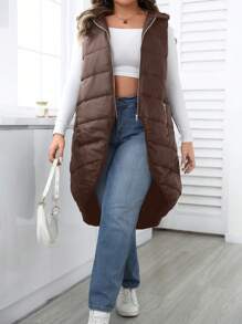 Calvaya Fashionable Asymmetrical Front Short Back Long Padded Vest - Brown - View 3
