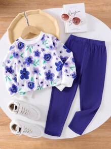 Young Girl Ombre Floral Print Sweatshirt & Ribbed Leggings 2pcs Outfit, Fashionable & Cute, Suitable For Spring & Autumn - Mauve Purple - View 2