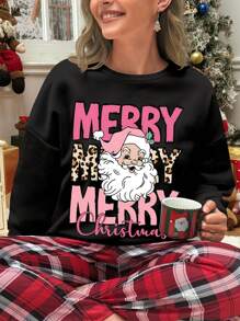 INAWLY 大码女式圣诞圆领长袖字母印花休闲卫衣套头衫秋季款 - 黑色 - 查看 1