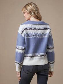 WESTFADE Fair Isle Pattern Polo Collar Long Sleeve Sweater - Multicolor - View 2