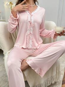 SweetSlumber Elegant Women Sleepwear Pajama Set With French Lace Trim And Contrasting Colors Cozy And Elegant Details, Fall Winter Clothes - Pink - View 5