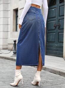 SHEIN LUNE Women's Solid Color Pocketed Casual Versatile Denim Skirt
