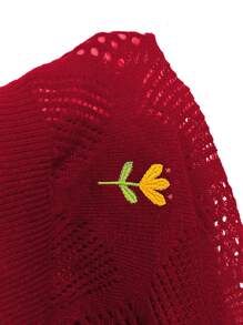 SHEIN LUNE Plus Size Casual Floral Embroidery Loose Hollow Knitted Sweater, Autumn/Winter Fall - Burgundy - View 5