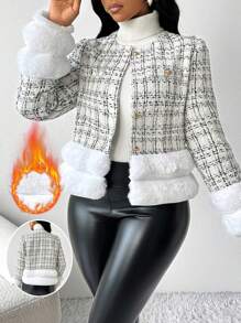 SHEIN Lady 白色长裤小香风外套毛绒踝部拼接优雅精致女士大衣