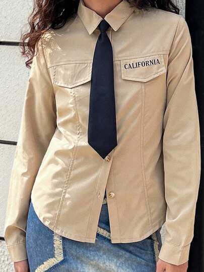 SHEIN Camisa de manga larga con estampado gráfico en inglés de estilo elegante escolar, adecuada para uso diario, para niñas y adolescentes