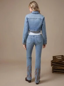 WESTFADE 高腰优质牛仔棉质西部刺绣喇叭裤牛仔裤 纳什维尔风格服装