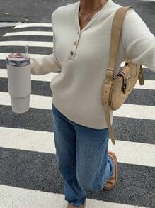 SHEIN Essnce Winter Sweater Beige Sweater Knitted Women Sweater Thanksgiving Sweater Women's Solid Color Button Half Placket V-Neck Long Sleeve Fleece Sweater, Autumn/Winter