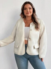 SHEIN CURVE+ Plus Size Women Casual Fluffy Short Jacket, Fashion Versatile Stylish Coat, White, Autumn/Winter