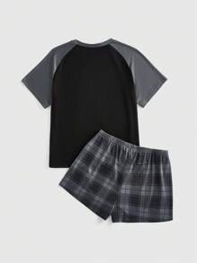 ROMWE Goth 暗黑哥特风格骷髅印花落肩撞色 T 恤和格子短裤家居服套装 - 彩色 - 查看 2