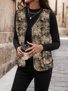 SHEIN Clasi 1 件女士豹纹无袖加厚棉服冬季 - 黃色 - 查看 6