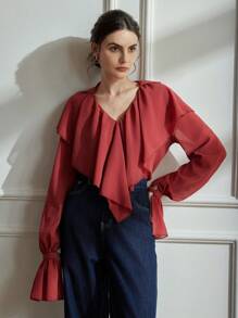 Aveloria Rosie Blusa de mujer con cuello de volantes de gasa, escote en V y manga larga, para fiestas y vacaciones