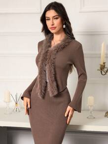Mulvari Women Solid Color Fluffy Splice Long Sleeve Top And Mini Skirt Elegant 2 Pieces Set 2 Pieces Set