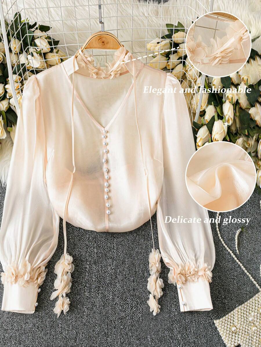 DreamSkyne 1 件女式纯色雪纺 V 领灯笼袖 3D 花卉优雅衬衫 - 杏色 - 查看 1