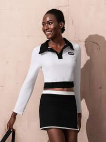 VARSITIE Áo thun Polo cổ bẻ tay dài màu đen và trắng tương phản dành cho nữ - Đen và trắng - Xem 3