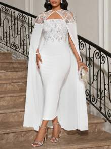 SHEIN Lady Women Glitter Fringe Long Poncho Cape And Fitted Elegant Dress Set For Party Occasion - Apricot - View 6