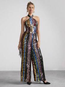 Amorya Rainbow Sequin Decor Halter Neck Women Jumpsuit For Party New Years Outfit Christmas Party Women Jumpsuit Holiday Party Women Jumpsuit New Years Eve Outfit New Years Outfit Glitter Pants Glitter Jumpsuit Party Women Outfits New Years Eve Attire