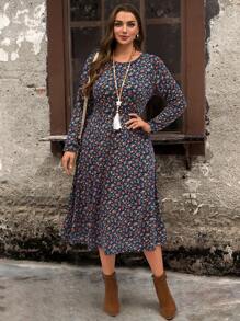 EMERY ROSE Vestido informal de talla grande para mujer con cintura ceñida y estampado floral ditsy para invierno