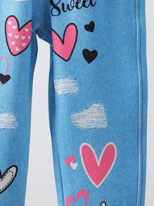 Conjunto de para niñas de otoño/invierno, con textura de efecto de mezclilla, estampado de corazones, estilo desgarrado, tela de alta elasticidad, de ajuste ceñido