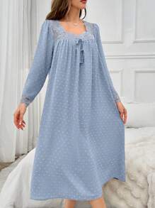 Camisón holgado de mujer con cuello cuadrado de encaje jacquard y manga larga, con efecto esponjoso, ideal para las temporadas vacacionales y de vacaciones