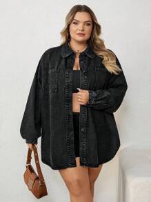 SHEIN CURVE+ Plus Size Women Black Lapel Long Sleeve Curved Hem Denim Jacket, Fall Women Clothes - Black - View 3