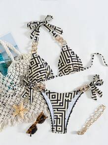 SHEIN Swim Print Sexy Bikini For Women, Beach Vacation Swimwear With Spaghetti Straps, Whitening S Summer