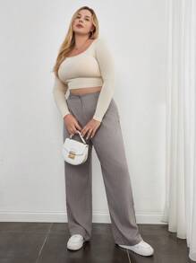 RueChic Plus Striped Print Wide Leg Suit Pants - Light Grey - View 4