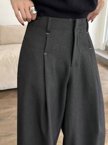 DAZY 纯色宽松阔腿裤带口袋，休闲商务女士西装裤，女士正装裤 - 灰色 - 查看 5
