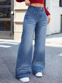 SHEIN Essnce Damen modische Retro Weit-Bein Jeans aus Denim