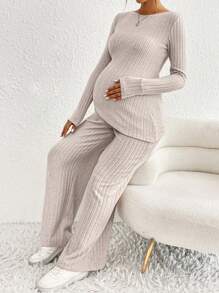 SHEIN 2pcs Pregnant Women Casual Set - Solid Color Round Neck Long Sleeve Asymmetric Hem T-Shirt And Adjustable Waist Pants, Autumn