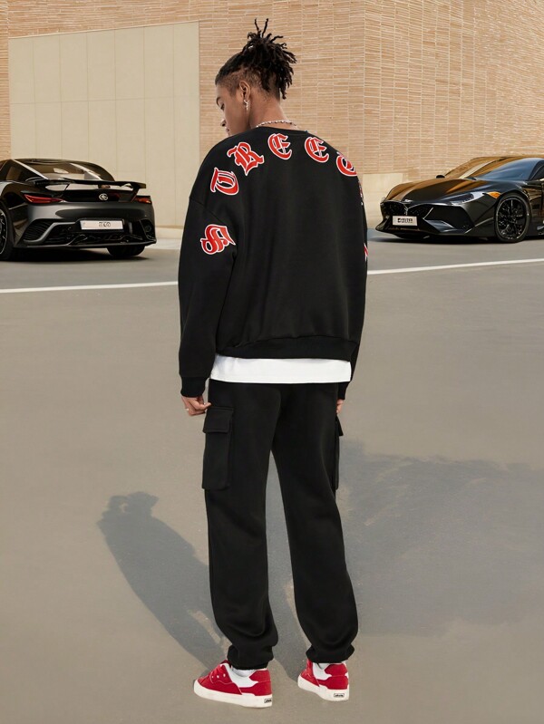 Manfinity VCAY Men's Letter Print Round Neck Casual Matching Sweatshirt & Sweatpants Set, For Fall Winter