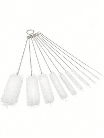 Zazumi 2/10 piezas Juego de cepillos de limpieza de 20 cm de largo con cerdas de nailon, mango telescópico de acero inoxidable, raspador de doble extremo, limpiador de botellas estrechas, pajitas y tuberías, grado de laboratorio, uso doméstico pesado