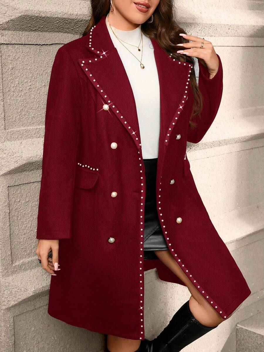 SHEIN Clasi Plus Size Autumn/Winter Casual Pearl Decor Double-Breasted Overcoat