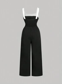 SHEIN MOD 大码复古黑白拼接连体裤，带蝴蝶结装饰，适合夏季穿着 - 黑與白 - 查看 2