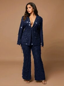 SHEIN BAE Pantalones acampanados de mujer talla grande de color negro sólido con cuentas y flecos elegantes para fiestas y Halloween, atuendos para graduación, regreso a la escuela y maestras - Azul Marino - Ver 5