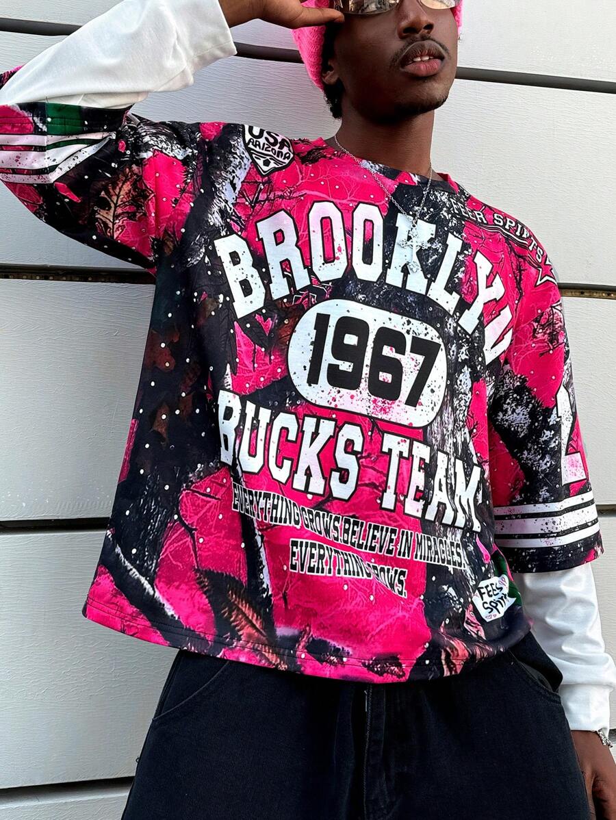 Men Crew Neck Splicing 2 In 1 Camouflage & Tree Branch Numeral Letter Print Sweatshirt - Multicolor - View 1