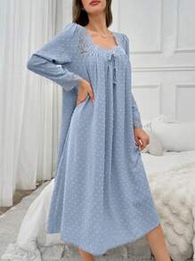 Camisón holgado de mujer con cuello cuadrado de encaje jacquard y manga larga, con efecto esponjoso, ideal para las temporadas vacacionales y de vacaciones
