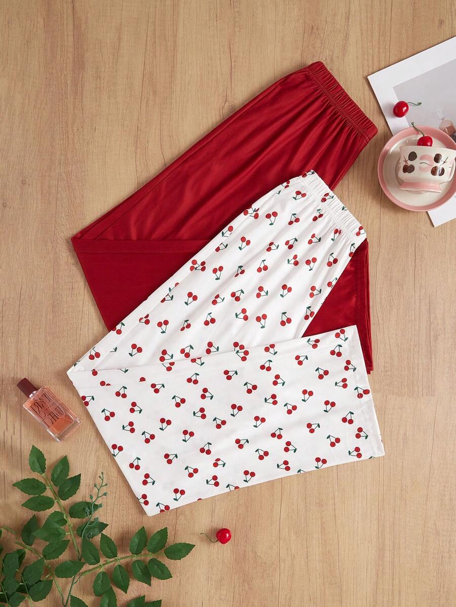 2 Pcs/Set Cherry Printed & Solid Color Elastic Waist Long Pajama Pants For Christmas - Multicolor - View 1