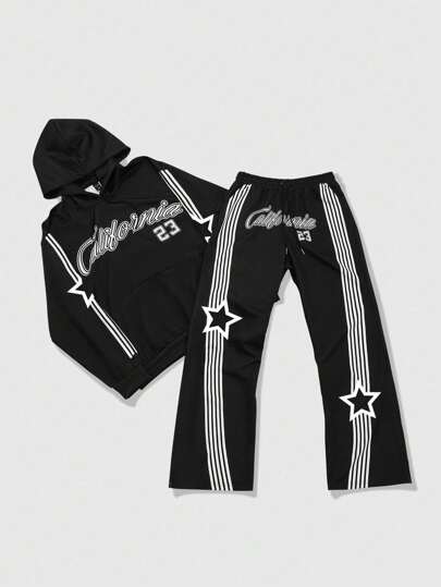 Street Life Men's Letter & Stripe Print Hooded Long Sleeve Sweatshirt And Drawstring Sweatpants Tracksuit