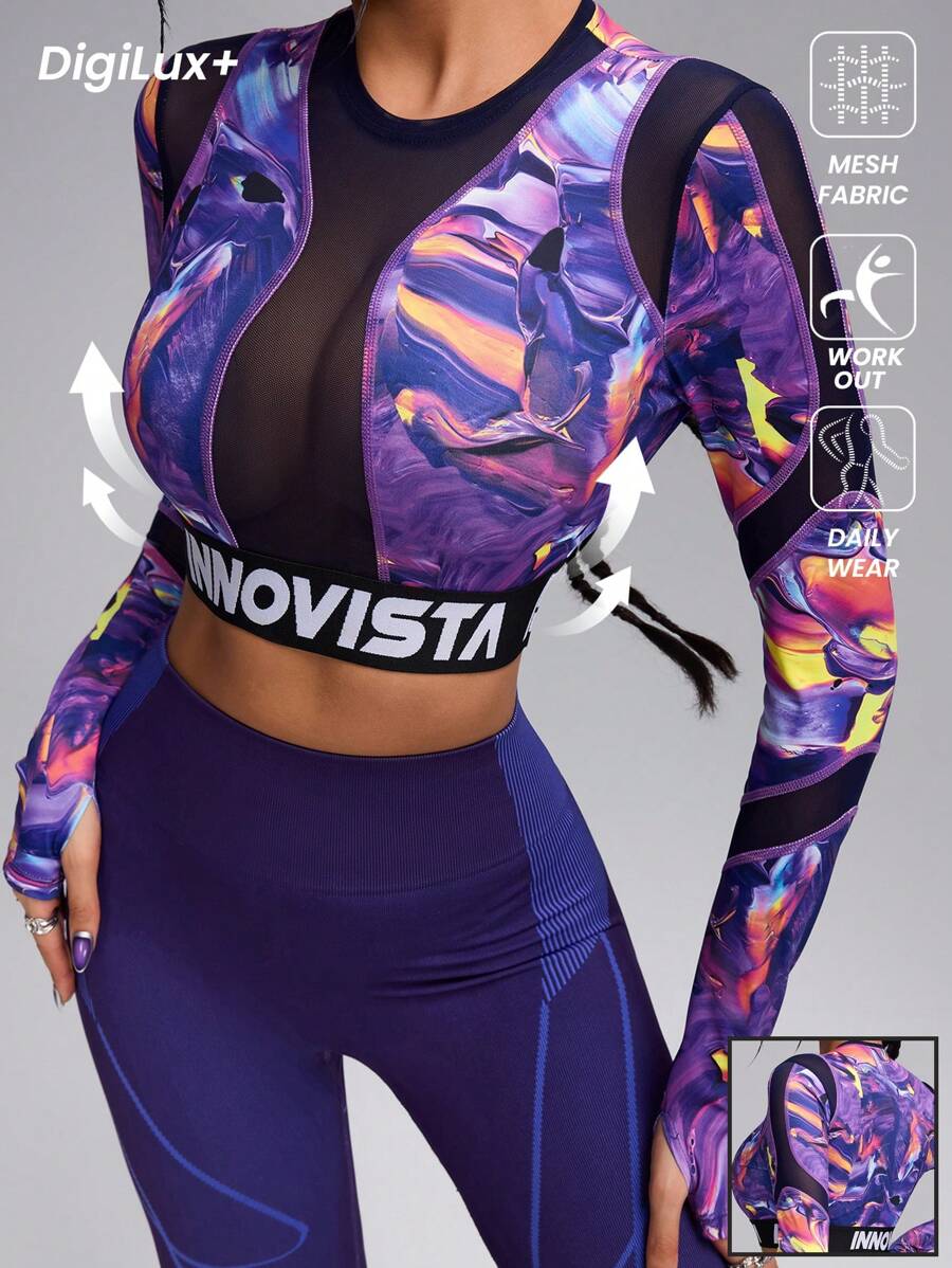 Innovista Women's Marble Print Letter Ribbon Cropped Casual Fitness Sports Sweatshirt