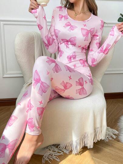 SweetSlumber Style INS Ensemble mignon de femmes avec décoration de nœud, automne / hiver