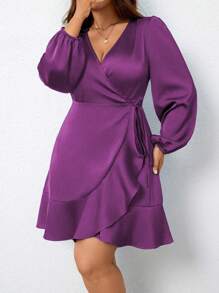 SHEIN Clasi 大码女式纯色灯笼袖侧系带装饰缎面裹身连衣裙 - 紫色 - 查看 6