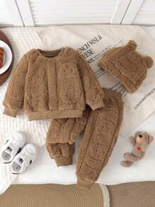 SHEIN Vintaside Kids 3-Piece Set For Baby Boys And Girls: Plush Teddy Bear Pattern Sweatshirt, Plush Sweatpants, And Plush Ear Hat, A Cute And Comfortable Set Suitable For Autumn/Winter Season, Great For Outdoor Trips Or Daily Indoor Wear