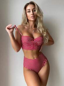 Swim Lushoire Summer Beach Plaid Bikini Set Twist Push Up Bra & High Waisted Bottom 2 Pieces Bathing Suit - Red and White - View 5