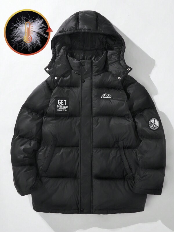 SHEIN Warme Daunenjacke mit Kapuze und Etikett für den Winter für Teen Jungen, geeignet für Pendler bei kaltem Wetter von -30 °C