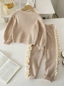 Young Girl Sweater Set For Autumn/Winter, New Style, Oatmeal & Khaki Color, Simple & Cute, Lace Trim Collar For Sweet Elegant. Suitable For Autumn/Winter Wear, Loose Silhouette For Easy Wear, Soft Fabric For Comfortable Feel, Fit For Various Festivals And Home Wear - Khaki - View 2