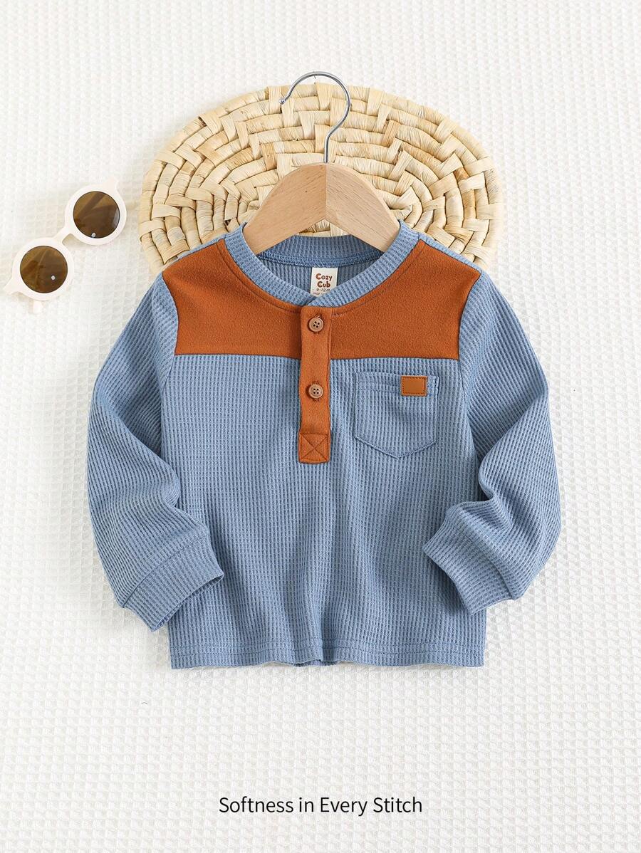 Cozy Pixies Baby Boy Contrast Color Block Soft Knit Crew Neck Long Sleeve Henley Top , Fall Clothes